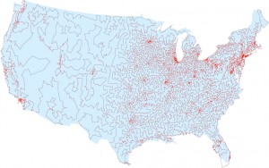 The shortest traveling salesman route going through all 13,509 cities in the contiguous United States with a population of at least 500 (as of 1998). (Illustration: Courtesy of David Applegate, Robert Bixby, Vasek Chvatal and William Cook)