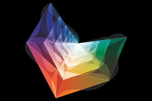 Artist’s rendering of the amplituhedron, a newly discovered mathematical object resembling a multifaceted jewel in higher dimensions. Encoded in its volume are the most basic features of reality that can be calculated — the probabilities of outcomes of particle interactions. 