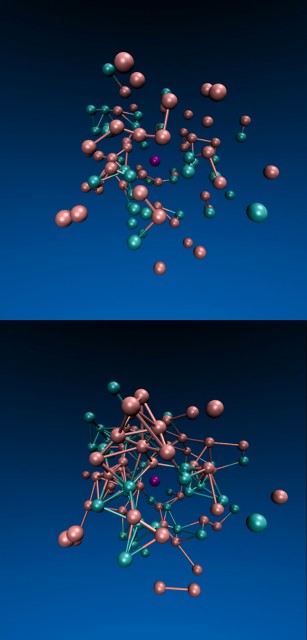 A computer simulation by Jeremy England and colleagues shows a system of particles confined inside a viscous fluid in which the turquoise particles are driven by an oscillating force. Over time (from top to bottom), the force triggers the formation of more bonds among the particles.