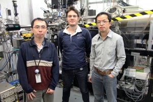Ronny Sutarto, left, Riccardo Comin and Feizhou He with the X-ray diffractometer at the Canadian Light Source that they used in their recent study.