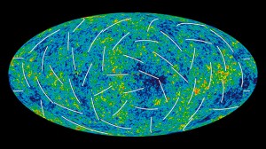 WMAP three year picture of the infant universe. Colors indicate "warmer" (red) and "cooler" (blue) spots. The white bars show the "polarization" direction of the oldest light.