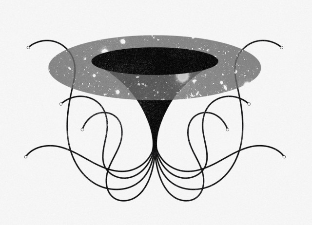 O ER = idéia EPR postula que partículas entrelaçadas dentro e fora do horizonte de eventos de um buraco negro está conectado via buracos de minhoca.