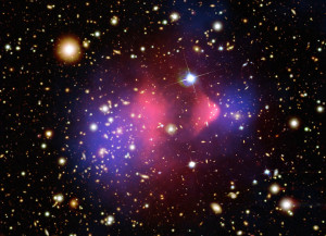 The Bullet Cluster shows the aftermath of a cosmic collision between two galaxy clusters. In this false-color image, the hot gas (pink) slowed down in the collision due to a drag force, while the dark matter (blue) appeared to keep passing through, as you would expect if dark matter is collisionless.  
