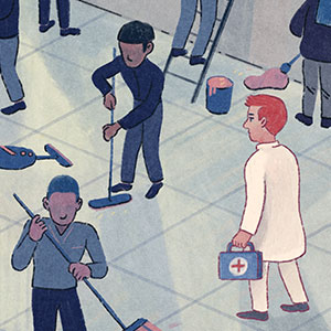 Illustration of a doctor trying to get to a patient