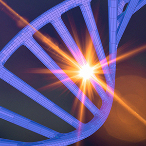 A DNA double helix being struck by a cosmic ray.
