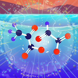Illustration that depicts two types of simple molecules reacting in water on the early Earth.