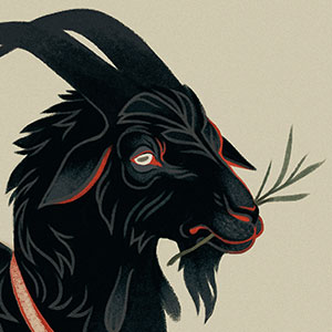 Illustration of a black goat with a red leash, grazing at the intersection of two circles