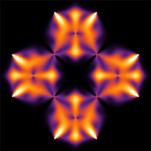 A complicated arrangement of orange and purple bands against a black background.