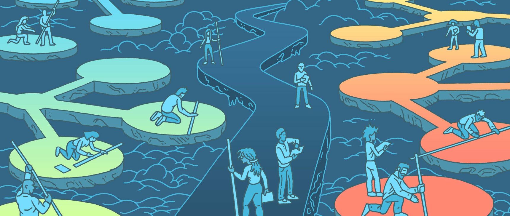 Illustration of people along a path classifying colorful mathematical trees