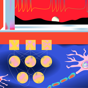 an artistic representation of a brain in a dish on a blue table with enlarged neurons and a neural network, against a red background with a signal of neural bursts