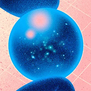 A hand holds a spherical, starry universe that resembles almost all the balls in a nearby gumball machine. Two balls in the machine are a different color.