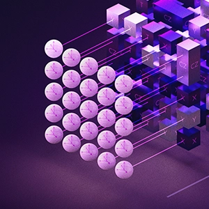 Purple illustration of round qubits pointing to rows of blocks that progressively become more chaotic.