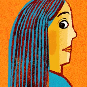 cartoon illustration of a female teacher surrounded by students throwing paper airplanes covered in equations against a bright orange background