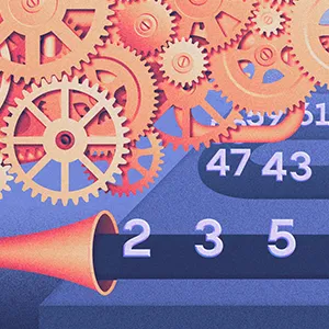A complex machine produces prime numbers onto a conveyor belt that winds backwards into infinity.