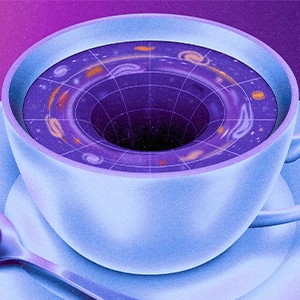 An illustration of a cup of tea with a black hole in the middle of the swirling fluid.