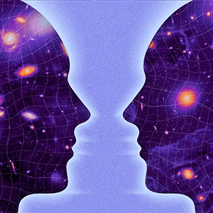 Two silhouettes facing each other, decorated with stars, form the shape of a vase in between.