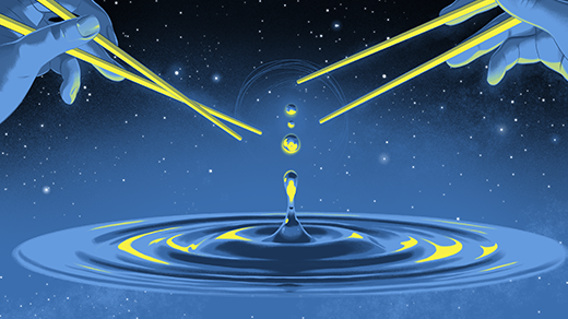 An illustration of concentric rings of a radiating wave in space, with chopsticks that appear poised to pluck a particle out of the wave.