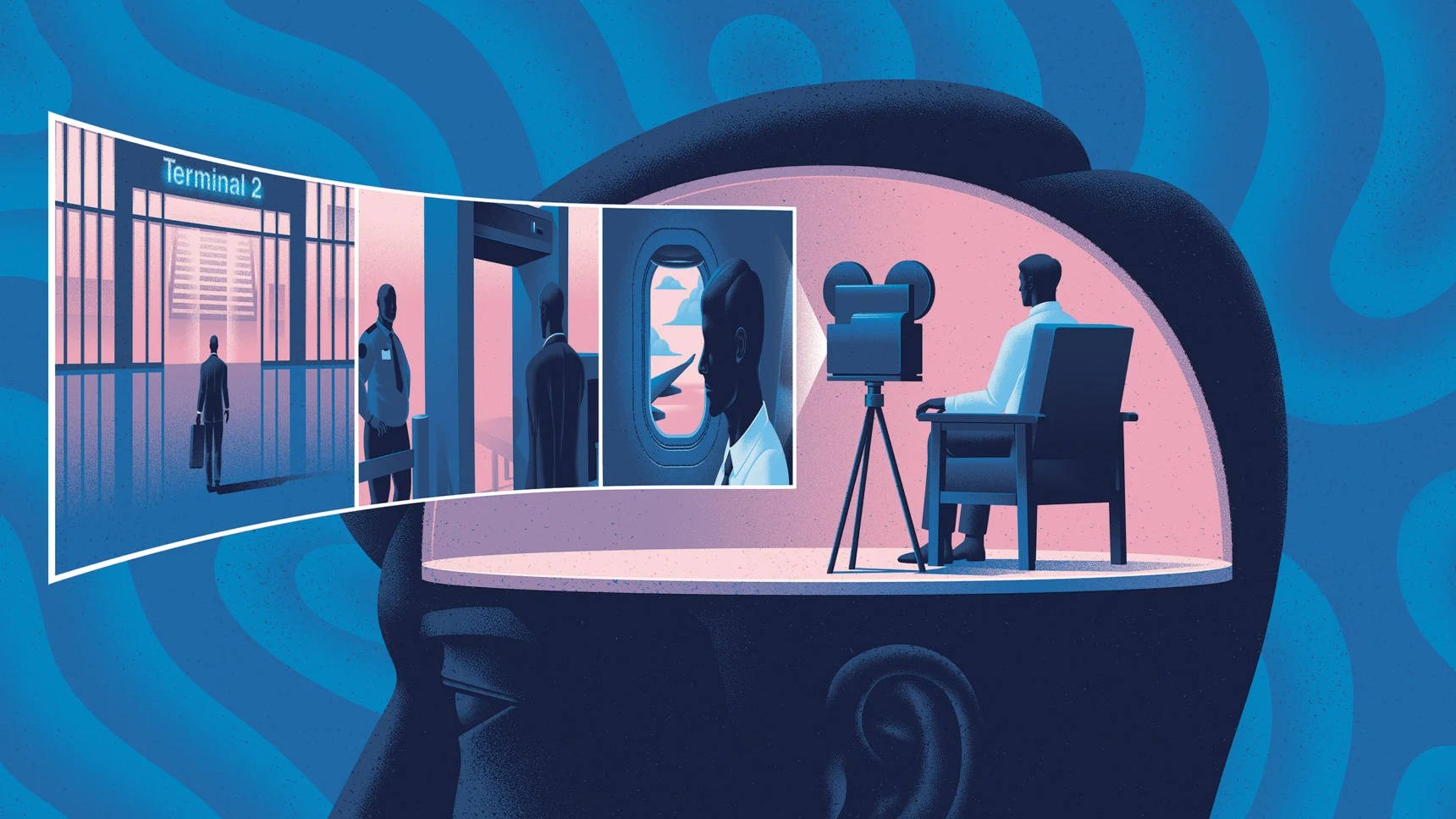 An illustration shows a man sitting on a chair next to a film projector inside a large head. In front of him a sequence of images from the airport is projected — the man at the gate, going through security, and sitting on the plane.