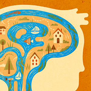 An illustration shows a person’s head that looks like a drawn map. Rushing rivers, standing for cerebrospinal fluid, flow around small islands.