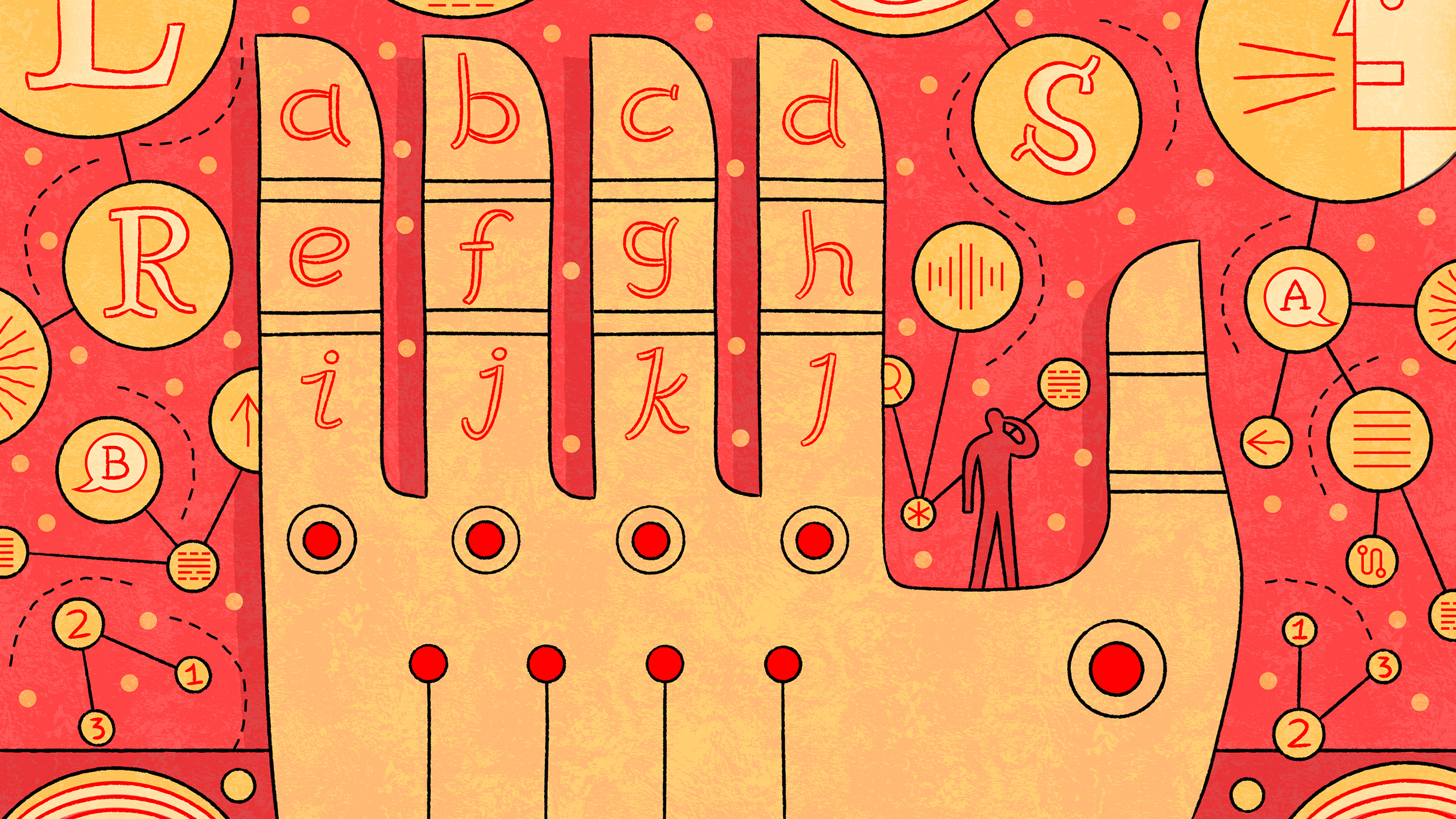 A hand with letters on it reaching out to symbols