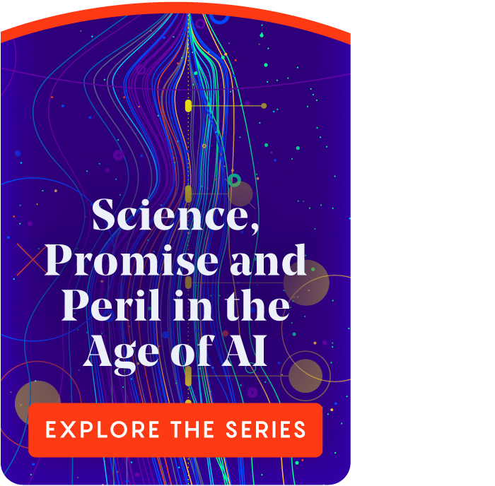 A promotional card for Quanta's AI series, which reads Science Promise and the Peril of AI, Explore the Series"