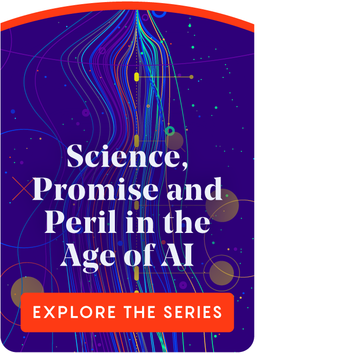 A promotional card for Quanta's AI series, which reads Science Promise and the Peril of AI, Explore the Series"
