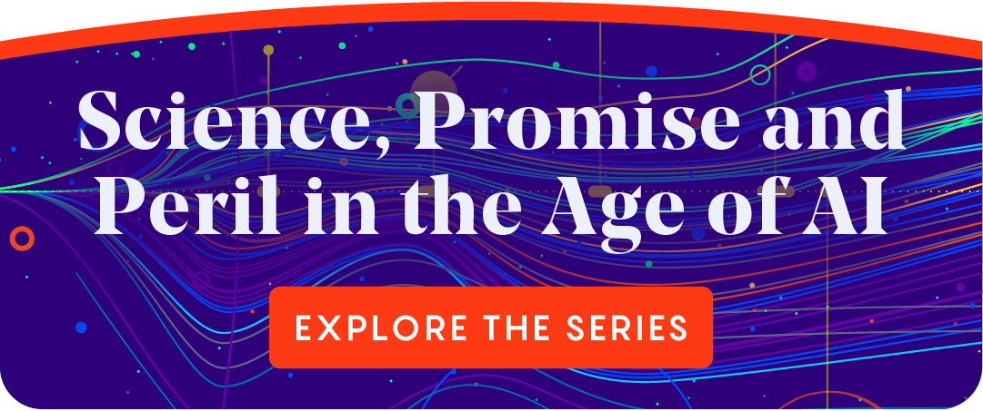 A promotional card for Quanta's AI series, which reads Science Promise and the Peril of AI, Explore the Series"