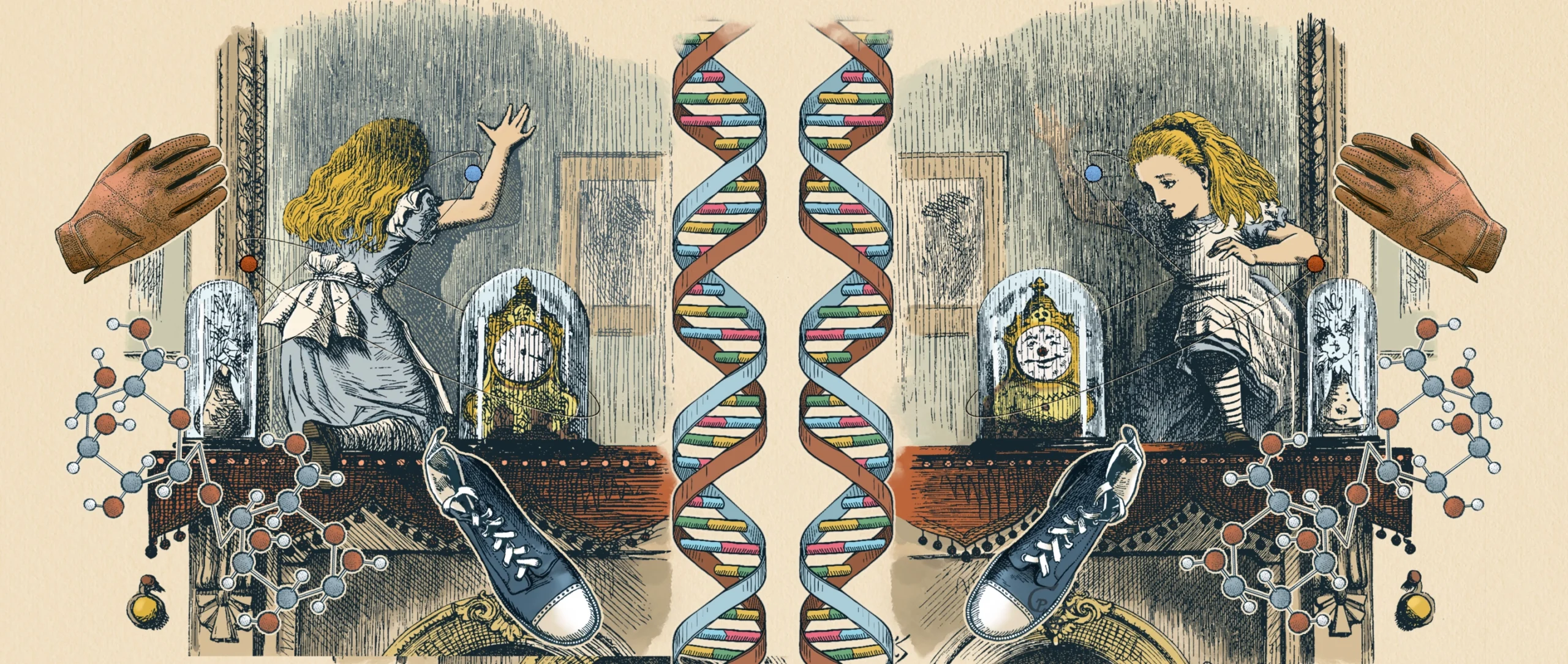 An illustration based on a famous 19th-century illustration of Alice stepping through the mirror above her fireplace, but with DNA and molecules added to the scene.