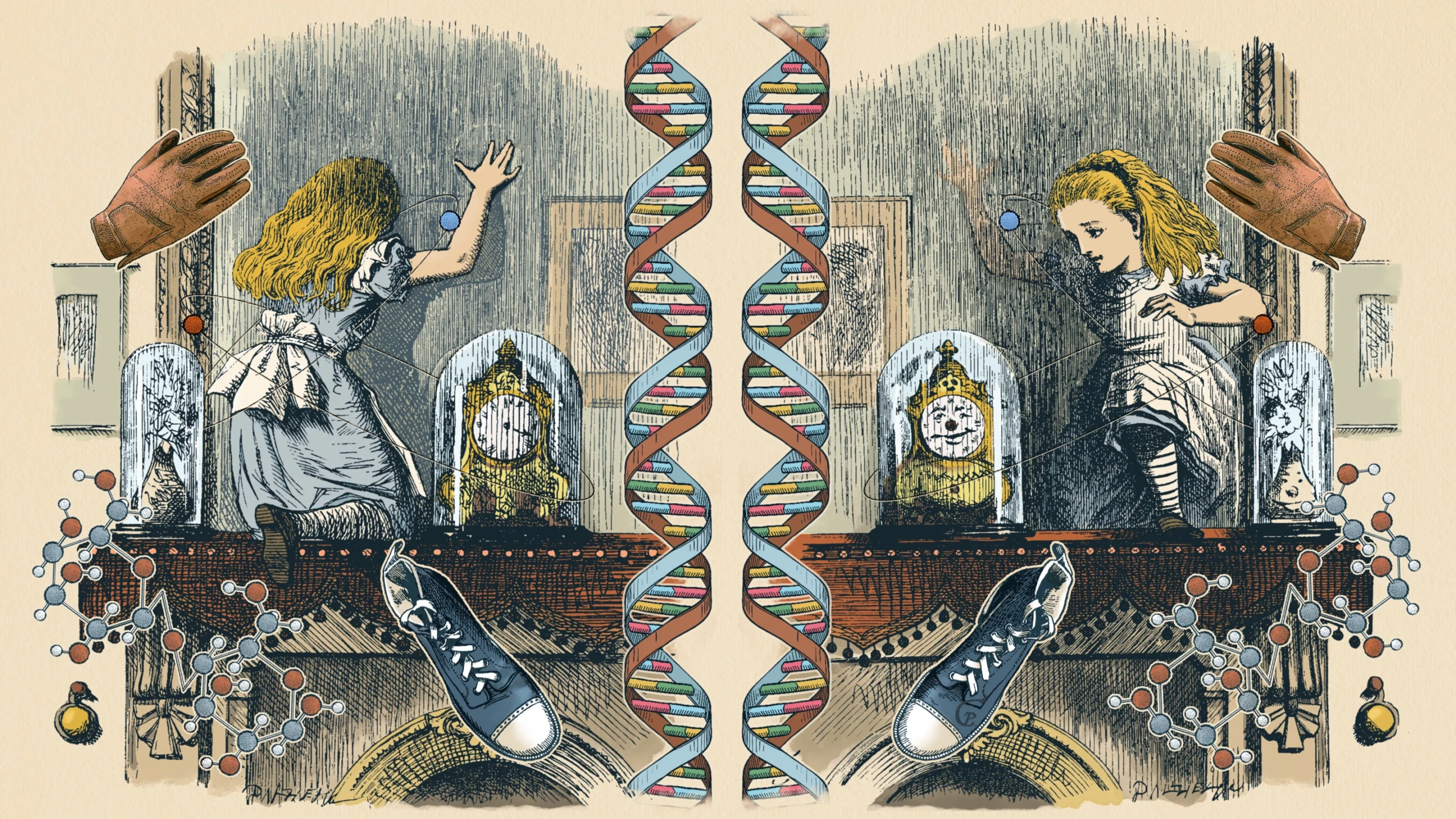 An illustration based on a famous 19th-century illustration of Alice stepping through the mirror above her fireplace, but with DNA and molecules added to the scene.