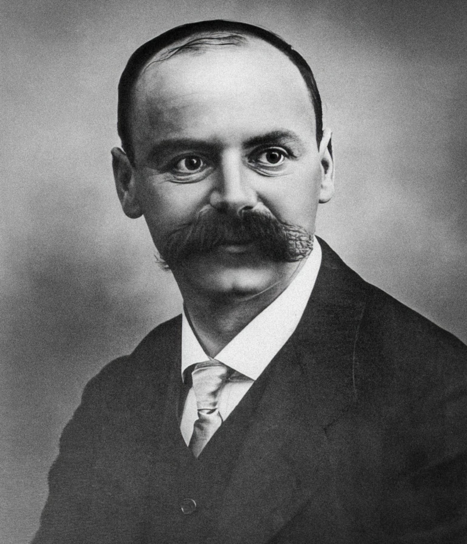 A balding man with a bushy, untamed mustache sits for a portrait.