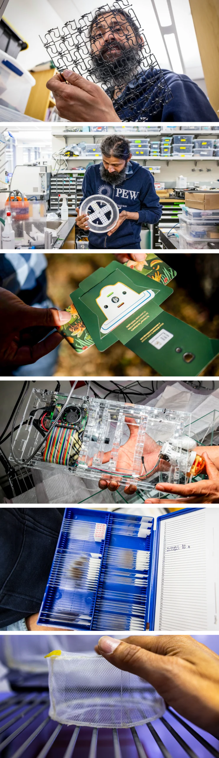 From top: Prakash holds a 3D-printed sheet of curved plastic; Prakash holds a white circular wheel with complex cutouts; a clear plastic case with a small lens and colored wires; a mesh cylinder; a case containing glass slides; a piece of folded cardboard, the size of a human hand, with a small lens and a slot for a slide.