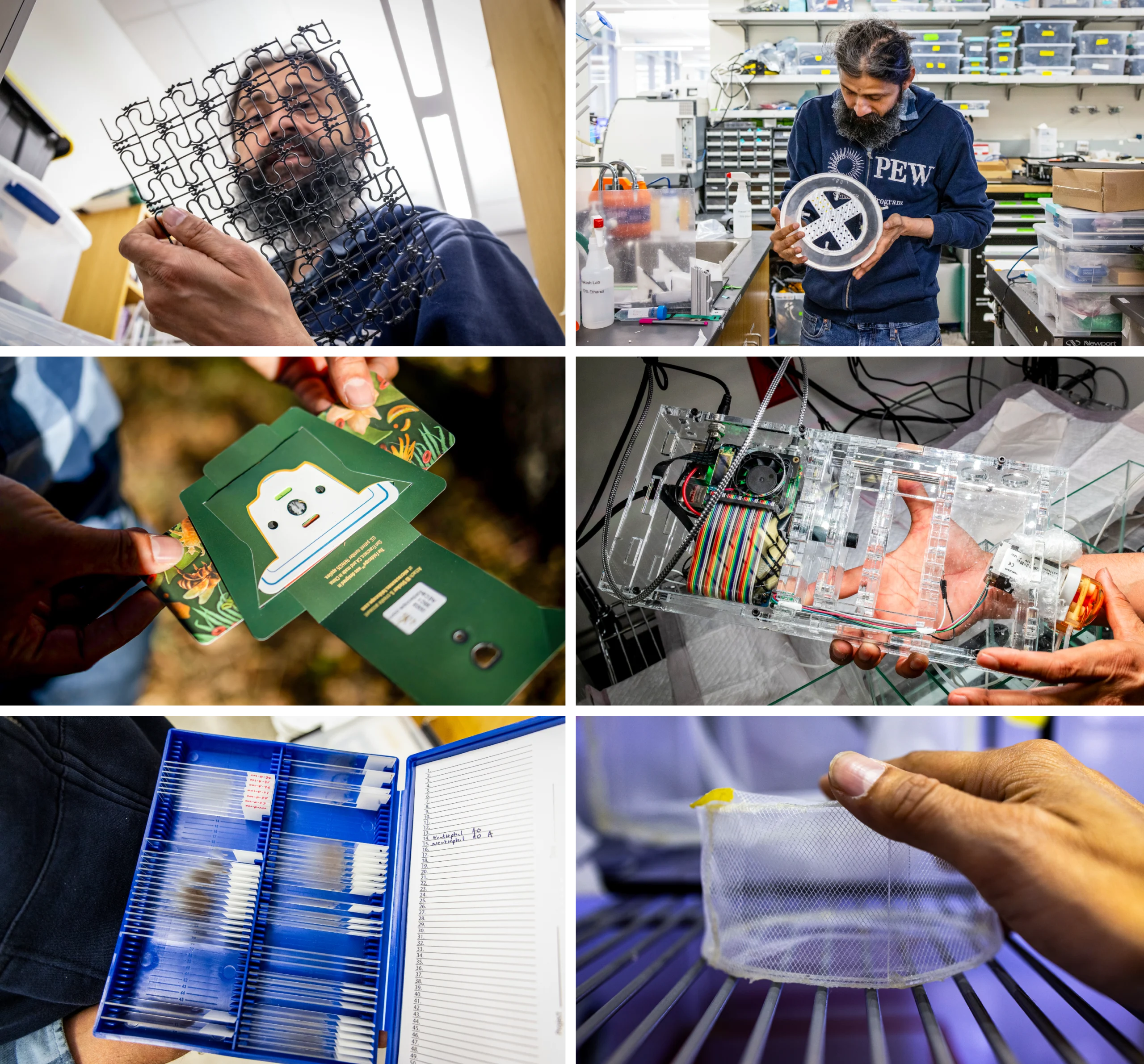 Grid, clockwise from top left: Prakash holds a 3D-printed sheet of curved plastic; Prakash holds a white circular wheel with complex cutouts; a clear plastic case with a small lens and colored wires; a mesh cylinder; a case containing glass slides; a piece of folded cardboard, the size of a human hand, with a small lens and a slot for a slide.