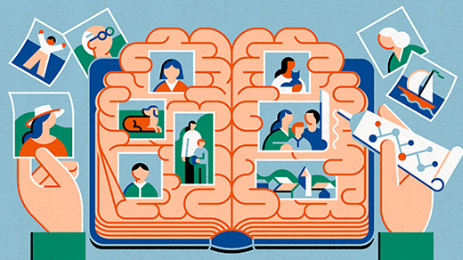 An illustration shows hands gluing images into a brain-shaped scrapbook, representing memories.