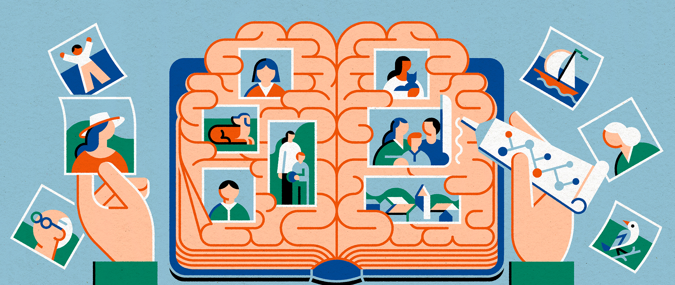 An illustration shows hands gluing images into a brain-shaped scrapbook, representing memories.