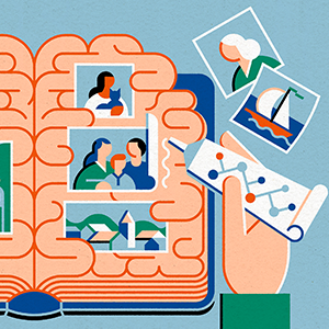 An illustration shows hands gluing images into a brain-shaped scrapbook, representing memories.