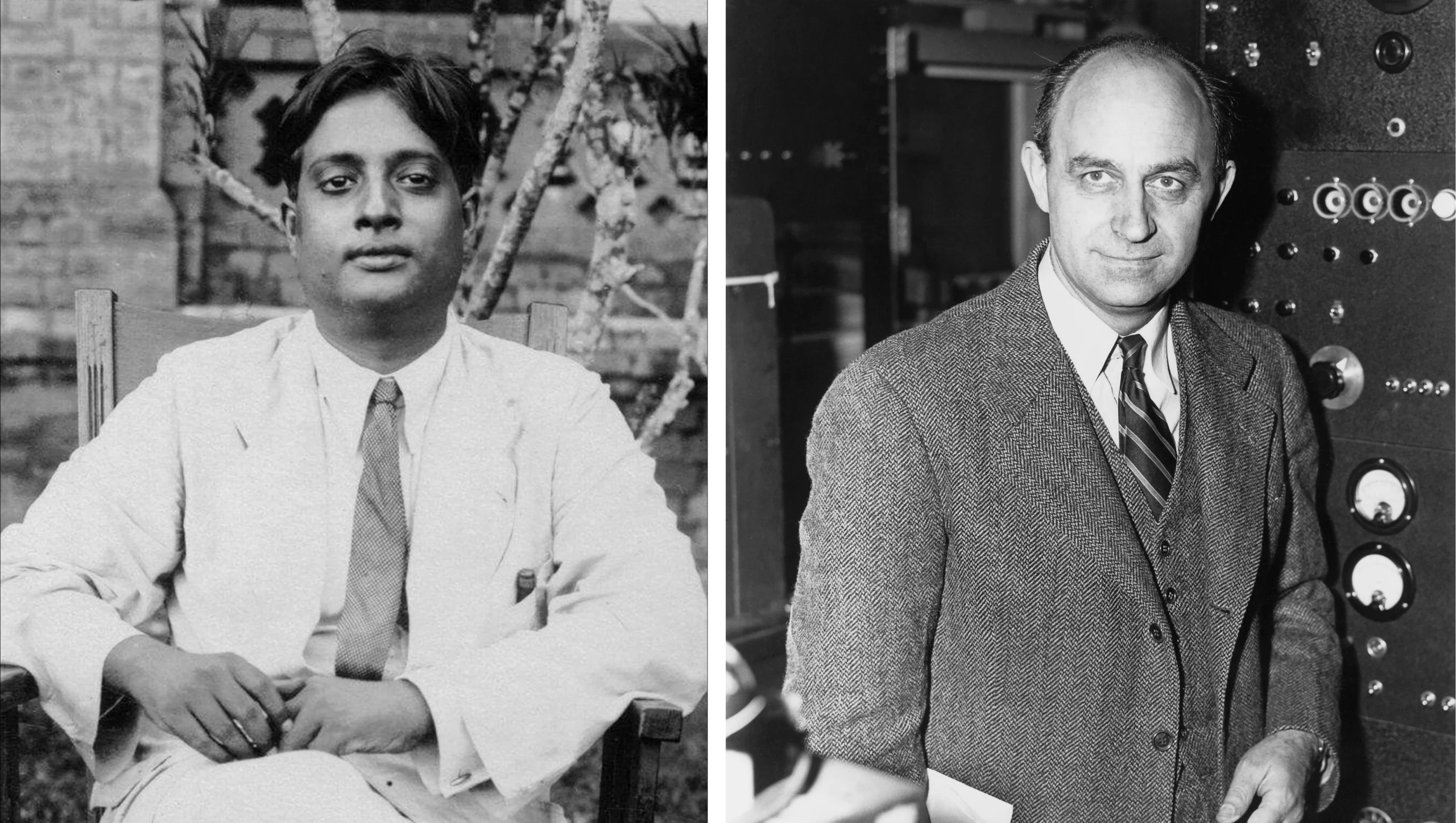 On the left, a young man wearing a white suit sits in a garden. On the right, a man in a dark suit stands amid lab equipment.