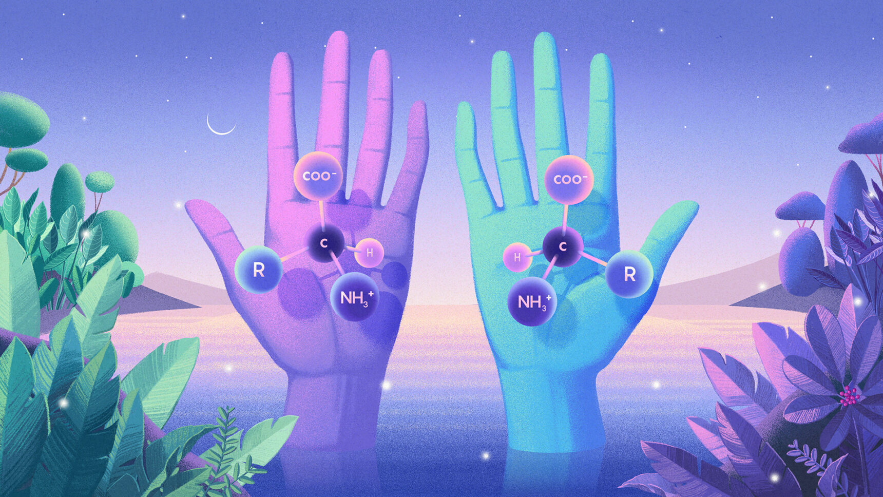 Two hands holding molecules