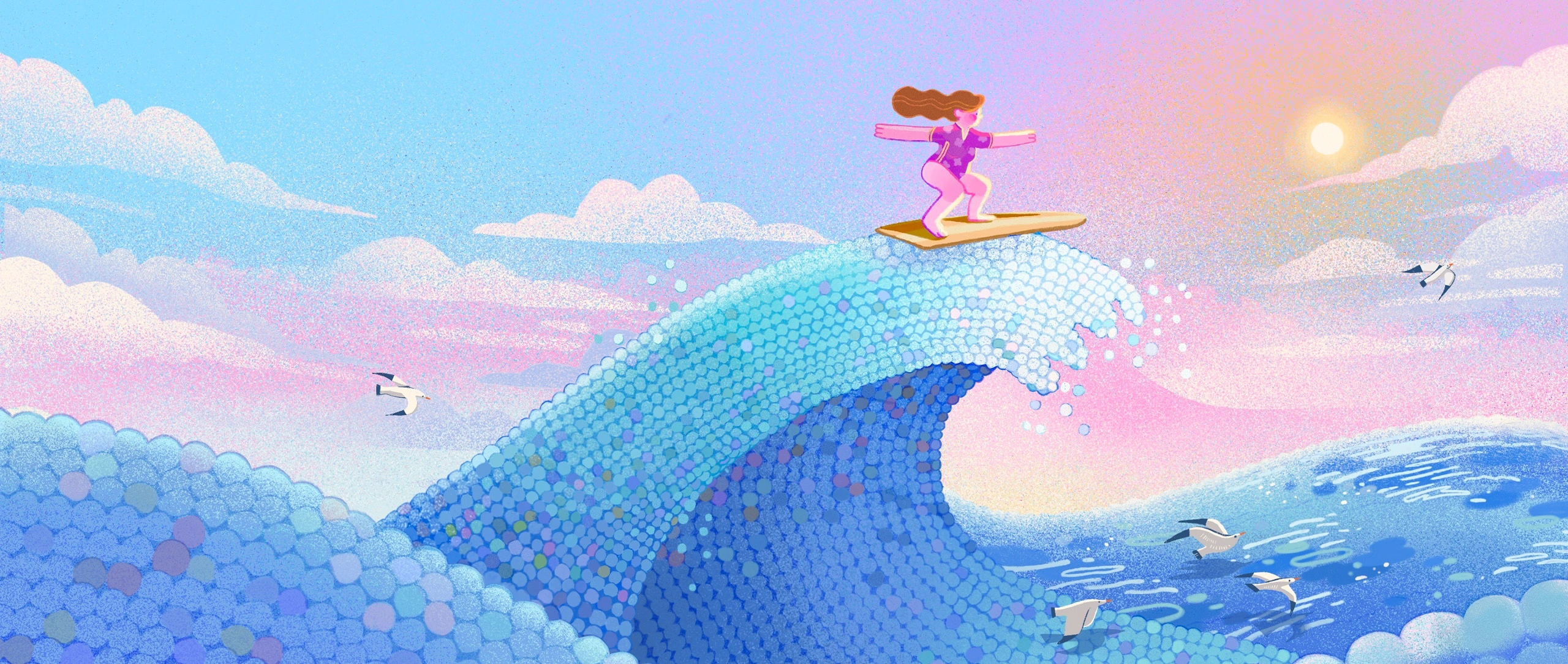 A woman surfing on a wave formed by circular objects