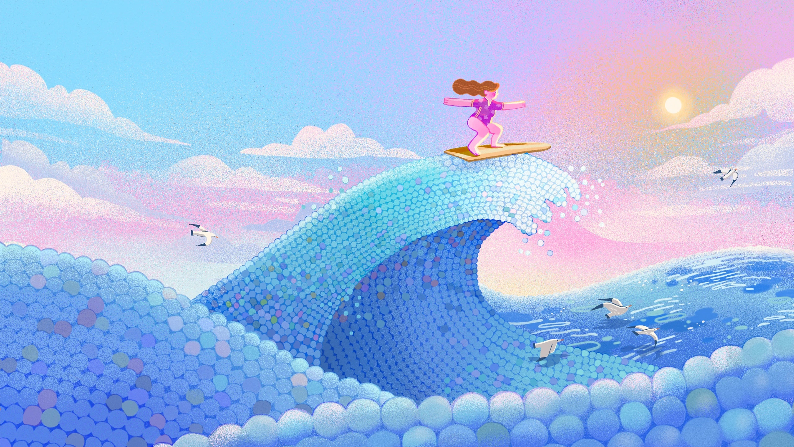 A woman surfing on a wave formed by circular objects