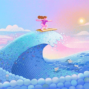A woman surfing on a wave formed by circular objects