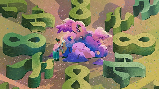 Illustration of a person pruning hedges in the shapes of infinity signs.