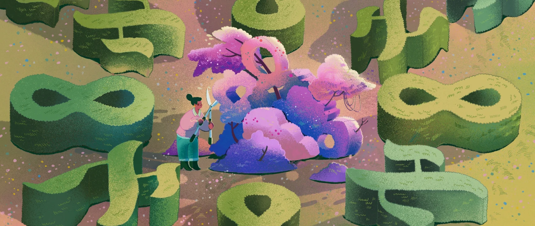 Illustration of a person pruning hedges in the shapes of infinity signs.
