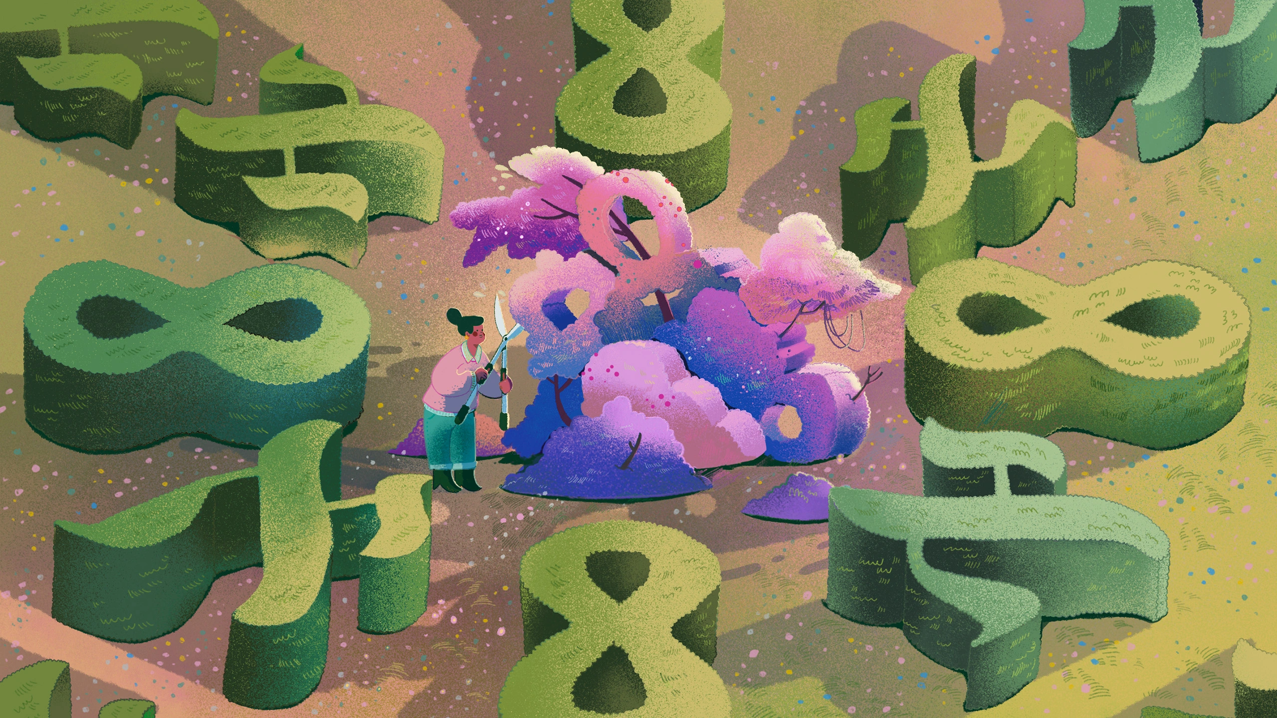 Illustration of a person pruning hedges in the shapes of infinity signs.