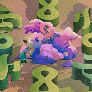 Illustration of a person pruning hedges in the shapes of infinity signs.