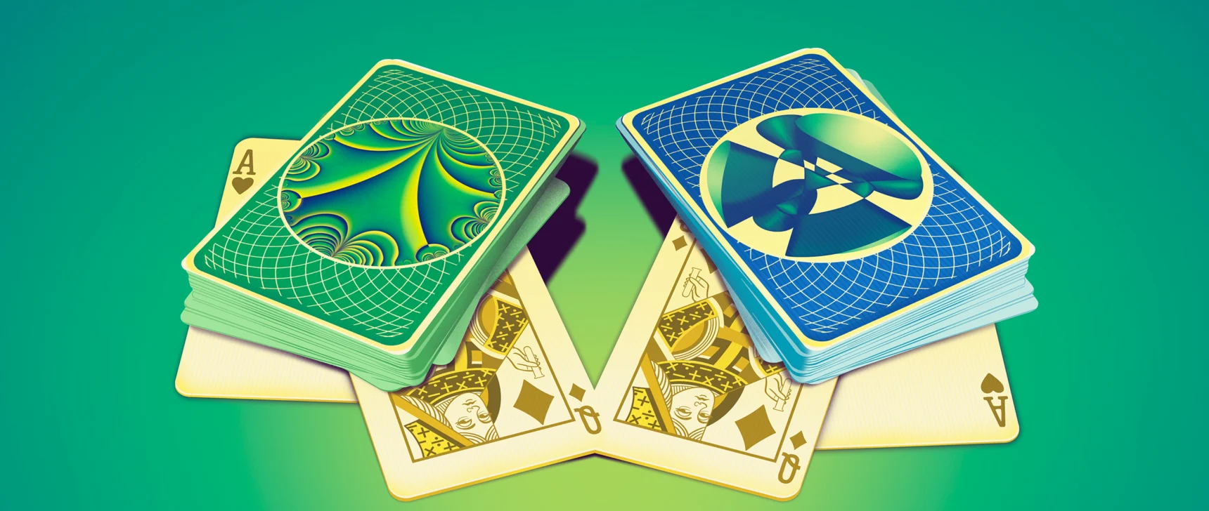 An illustration of two decks of cards showing an Ace and a Queen.