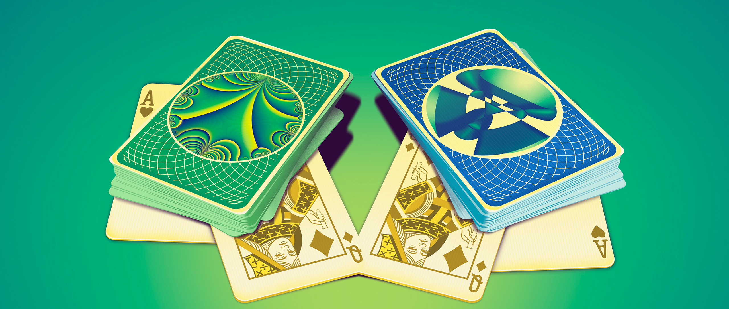 An illustration of two decks of cards showing an Ace and a Queen.