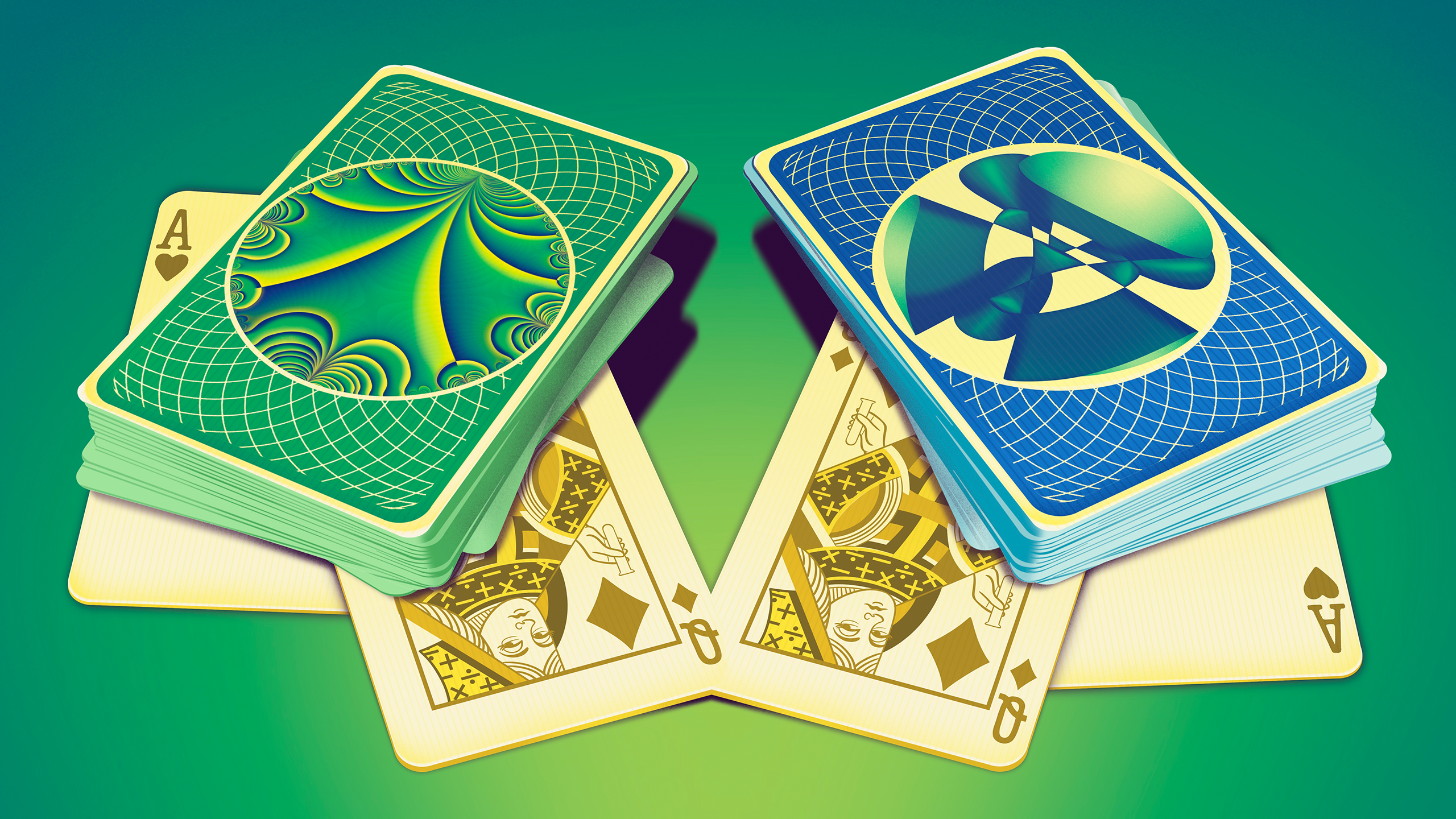 An illustration of two decks of cards showing an Ace and a Queen.