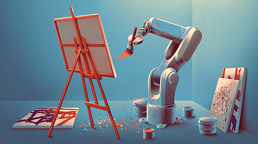 A robotic arm paints on a canvas set on an easel, surrounded by paint buckets and abstract artworks in a minimal, blue-toned room. Splashes of paint scatter on the floor, blending mechanical precision with artistic expression.