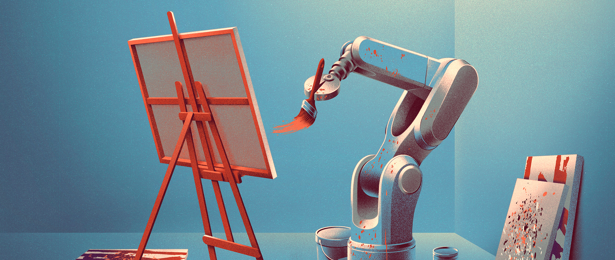 A robotic arm paints on a canvas set on an easel, surrounded by paint buckets and abstract artworks in a minimal, blue-toned room. Splashes of paint scatter on the floor, blending mechanical precision with artistic expression.