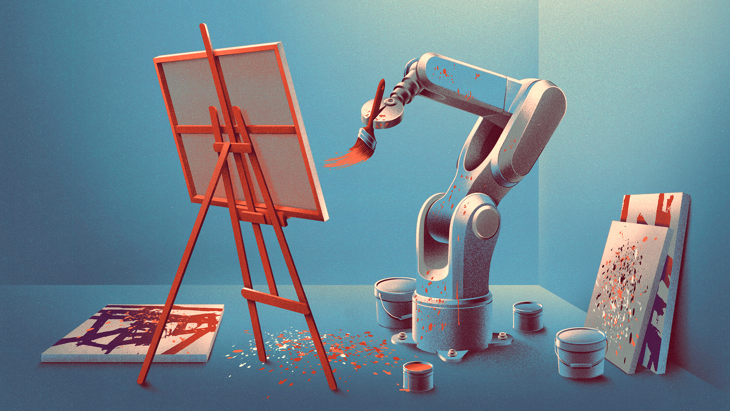 A robotic arm paints on a canvas set on an easel, surrounded by paint buckets and abstract artworks in a minimal, blue-toned room. Splashes of paint scatter on the floor, blending mechanical precision with artistic expression.